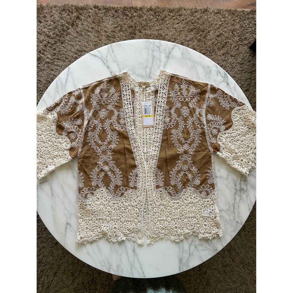 NWT Democracy Women Embroidered Crochet Lace Kimono Cardigan Shrug Bronze Gold M - Picture 9 of 11